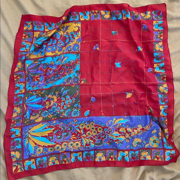 100% Silk Scarf with Gold, Purple, Green, Blue Flowers on Maroon - Picture 4 of 6